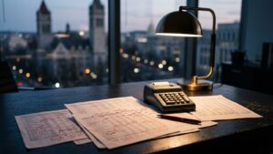Ledger sheets marked in red beside an adding machine under a desk lamp, illustrating an accounting and financial fraud investigation