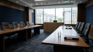 Private hearing room set up for a commercial arbitration