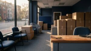 Packed office at closing time, illustrating the dissolution of a business