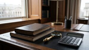 Closed ledgers, a magnifying glass and a calculator on a desk, illustrating business fraud and fiduciary claims