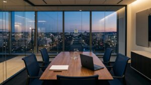Conference room in a Washington DC office prepared for a business litigation meeting