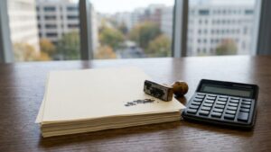Stack of paper with a stamp and a calculator on a desk, illustrating creditor and debtor disputes