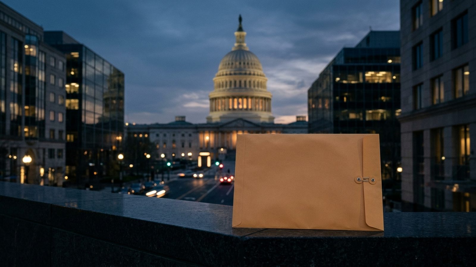 The U.S. Capitol at dusk with a manila envelope in the foreground, illustrating a D.C. Attorney General action against a nonprofit
