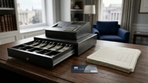 Open cash drawer beside blank forms and cards on a desk, illustrating an employee fraud and embezzlement investigation