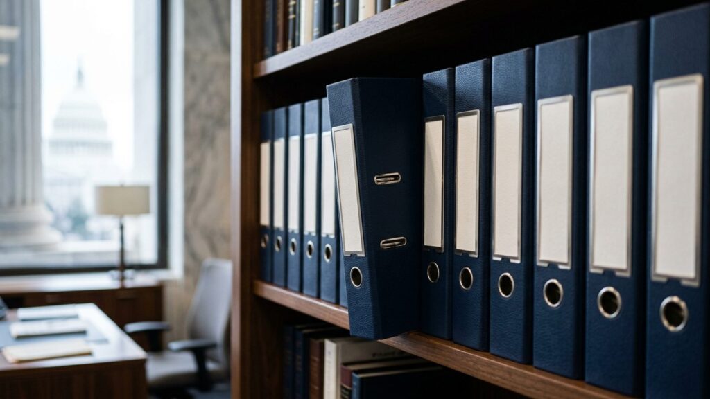 Row of case binders on a shelf, illustrating the firm's representative matters