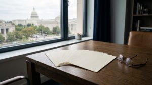 Blank ledger sheets fanned out beside reading glasses on a desk, illustrating civil recovery of fraud and embezzlement losses