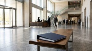 Proposal binder on a bench in a government building lobby, illustrating government contracting fraud defense