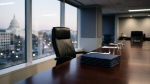 Reviewer's seat at a boardroom table with sealed reports, illustrating independent investigations and monitorships