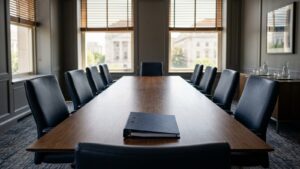 Boardroom prepared for an internal investigation briefing