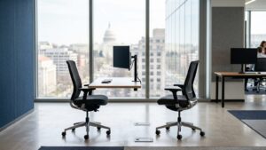 Two empty office chairs at a shared desk with the Capitol in the window, illustrating business ownership and partner disputes