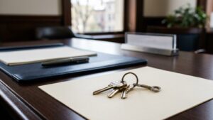 Keys resting on a document on an office desk, illustrating a court-appointed receivership in Washington DC
