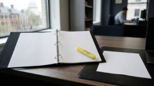 Open binder, highlighter and a loose page on a desk, illustrating regulatory and compliance violations