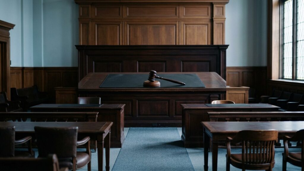 Empty courtroom bench, illustrating what a court-appointed receiver is