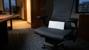Unmarked envelope left on an office chair, illustrating whistleblower complaints and retaliation risk