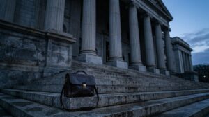 Briefcase on the stone steps of a columned courthouse, illustrating white-collar defense in Washington DC