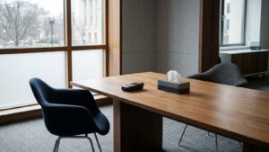 Interview room with two chairs and a recorder, illustrating workplace misconduct investigations